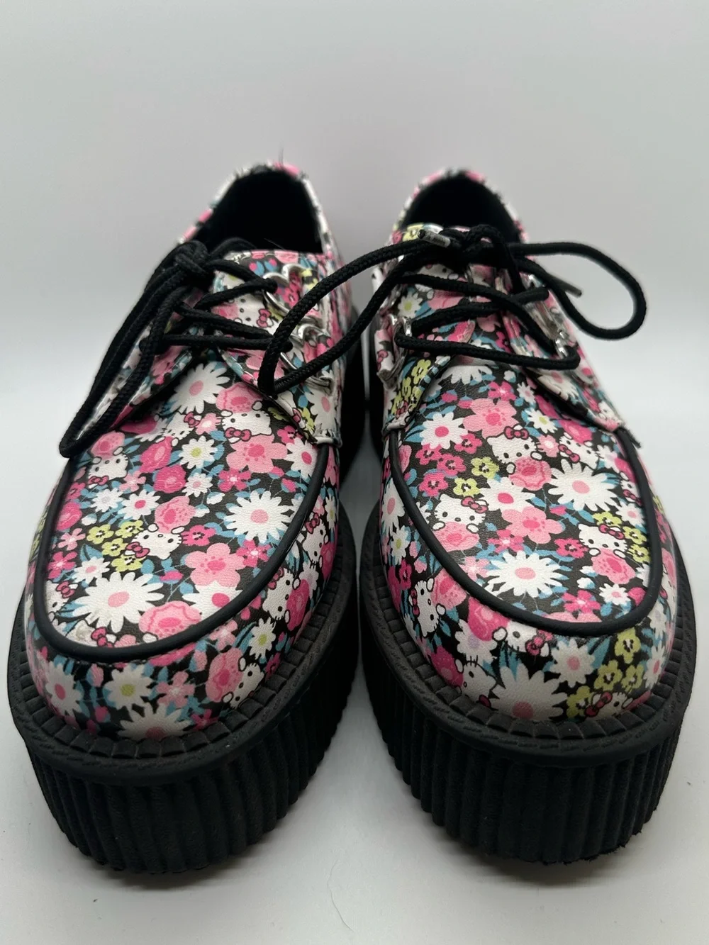 T.U.K Floral Hello Kitty Platform Lace-Up Moccasins - Pink, White, Black